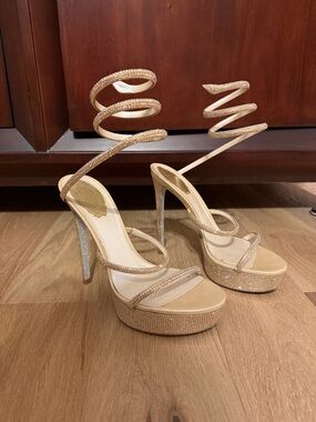 Rene Caovilla Gold Spiral Strap Platform High Heel Sandals